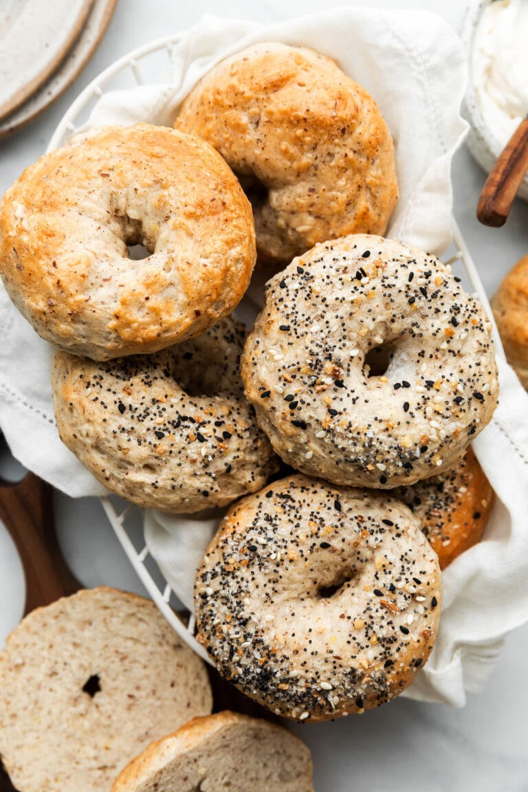 Freshly baked Greek Yogurt Bagels in a basket. 